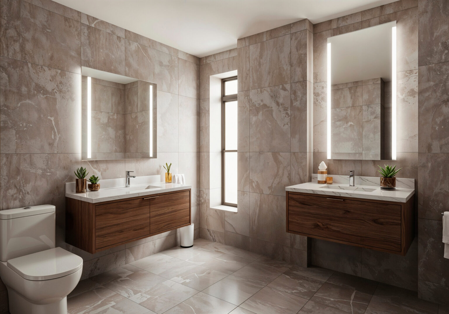 Detalle de azulejos y grifería de diseño en un baño nuevo.